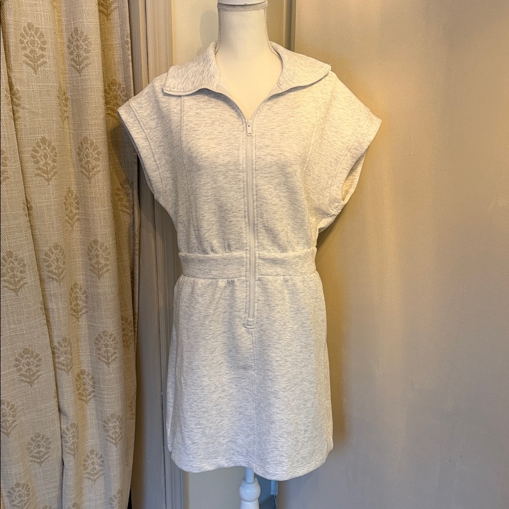 Casual Zip-Front Short Sleeve Sweatshirt Dress - Oatmeal
